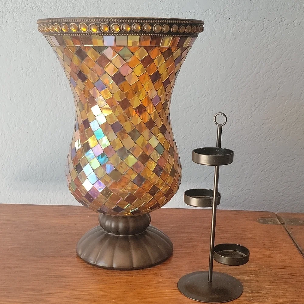 PARTYLITE Global Fusion 12" Hurricane Mosaic Stained Glass Candle Holder - Picture 2 of 12